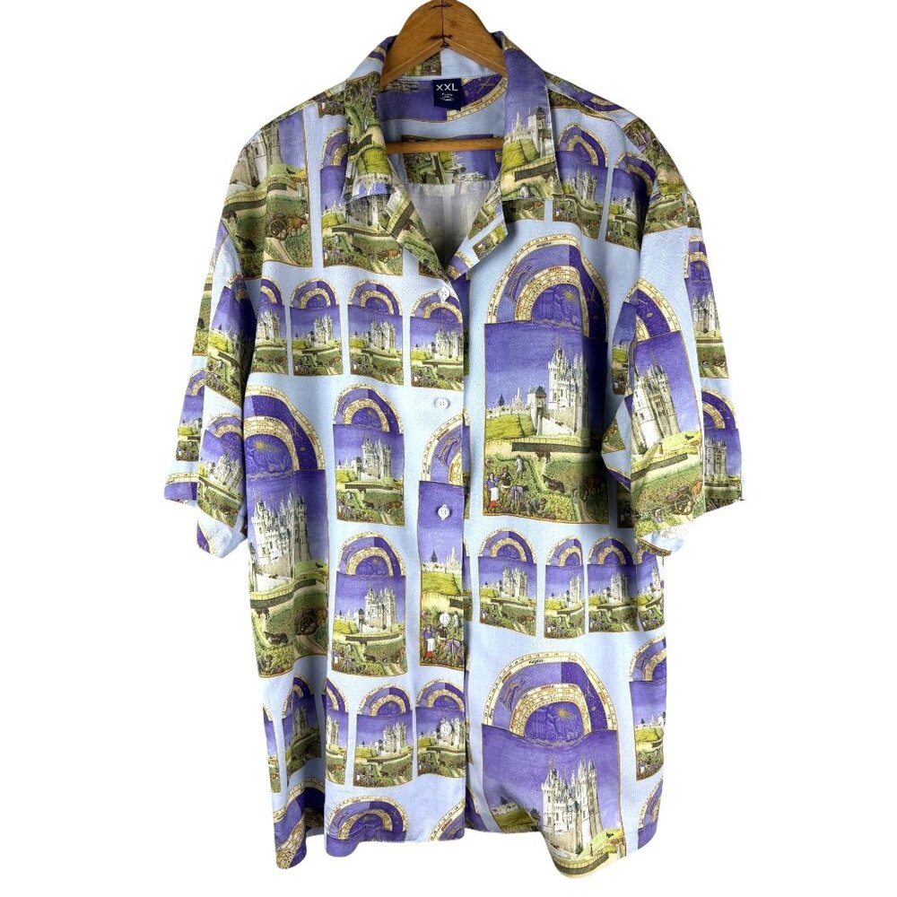 Flan Labs Silky Castle Print Button Up Shirt Men’… - image 1